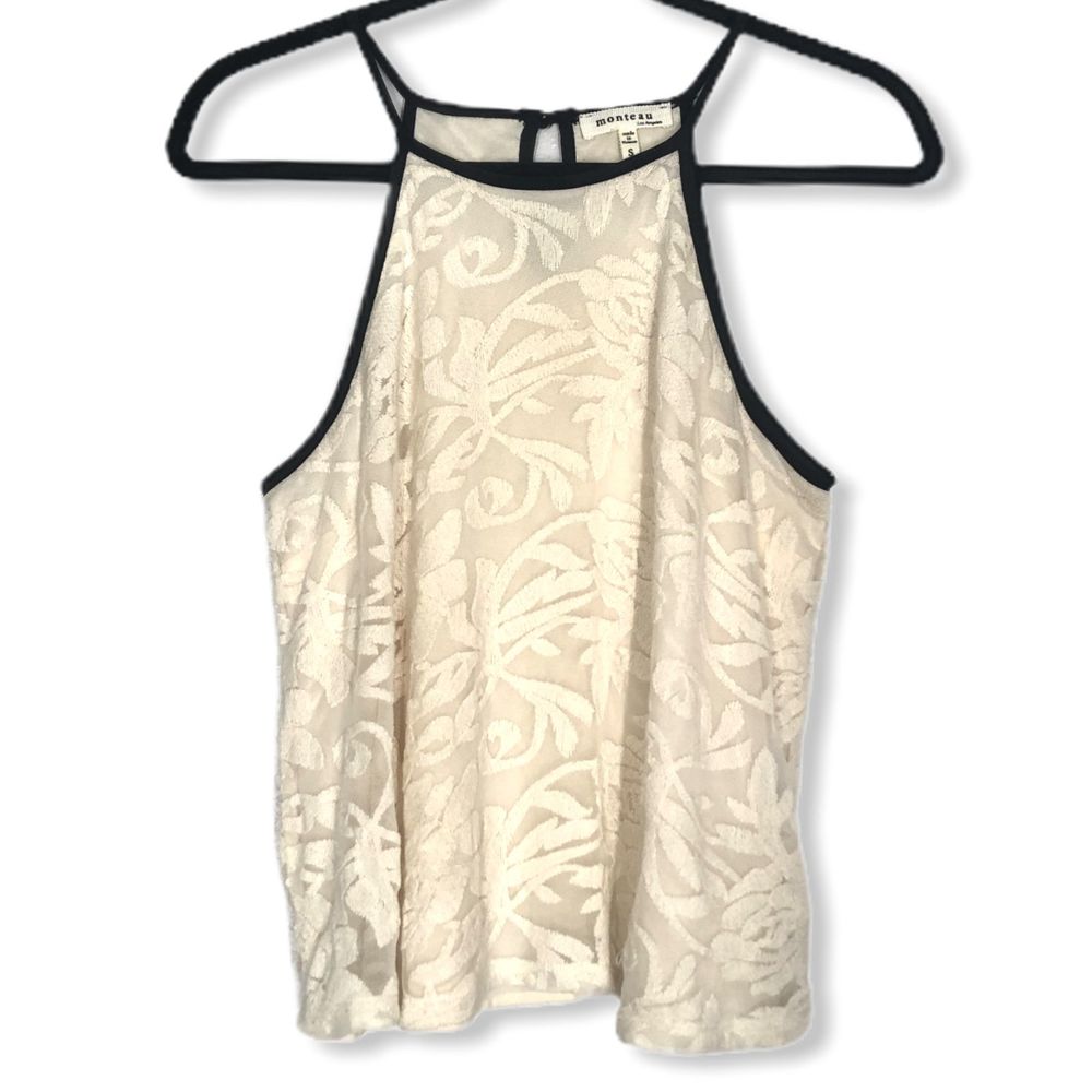 Monteau Lace Tank Top Blouse Ivory w/ Black Trim S